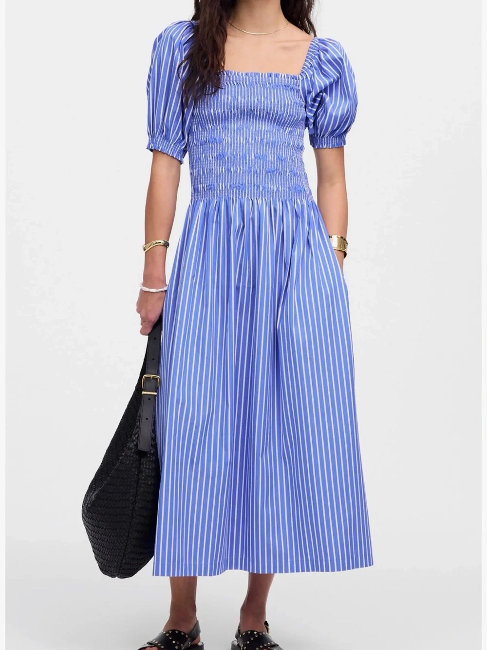 Madewell Blue & White Striped Smocked Midi Dress